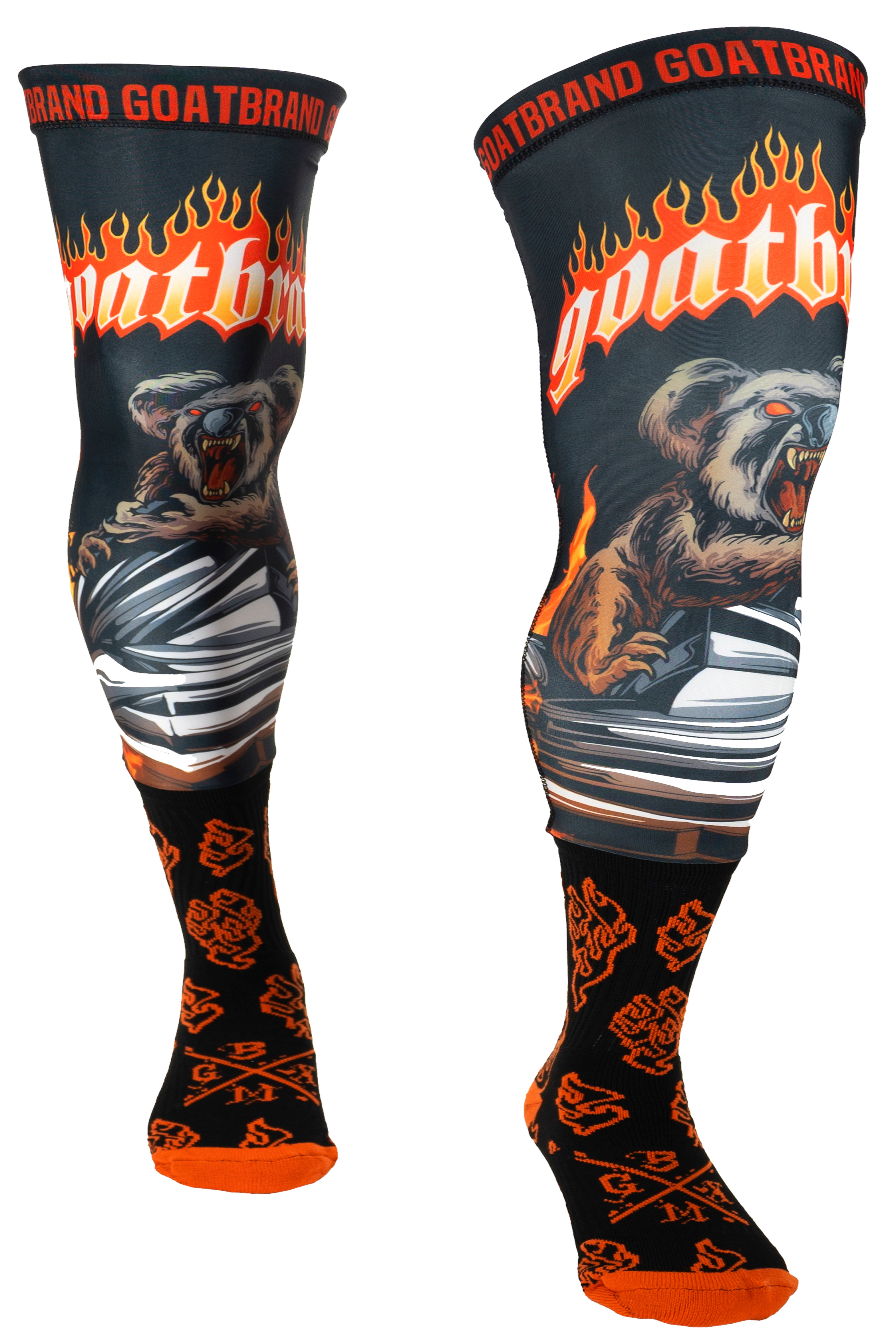Close-up of Koala Kong Moto Kneebrace Socks with anti-rash compression sleeves and ventilated mesh panels.