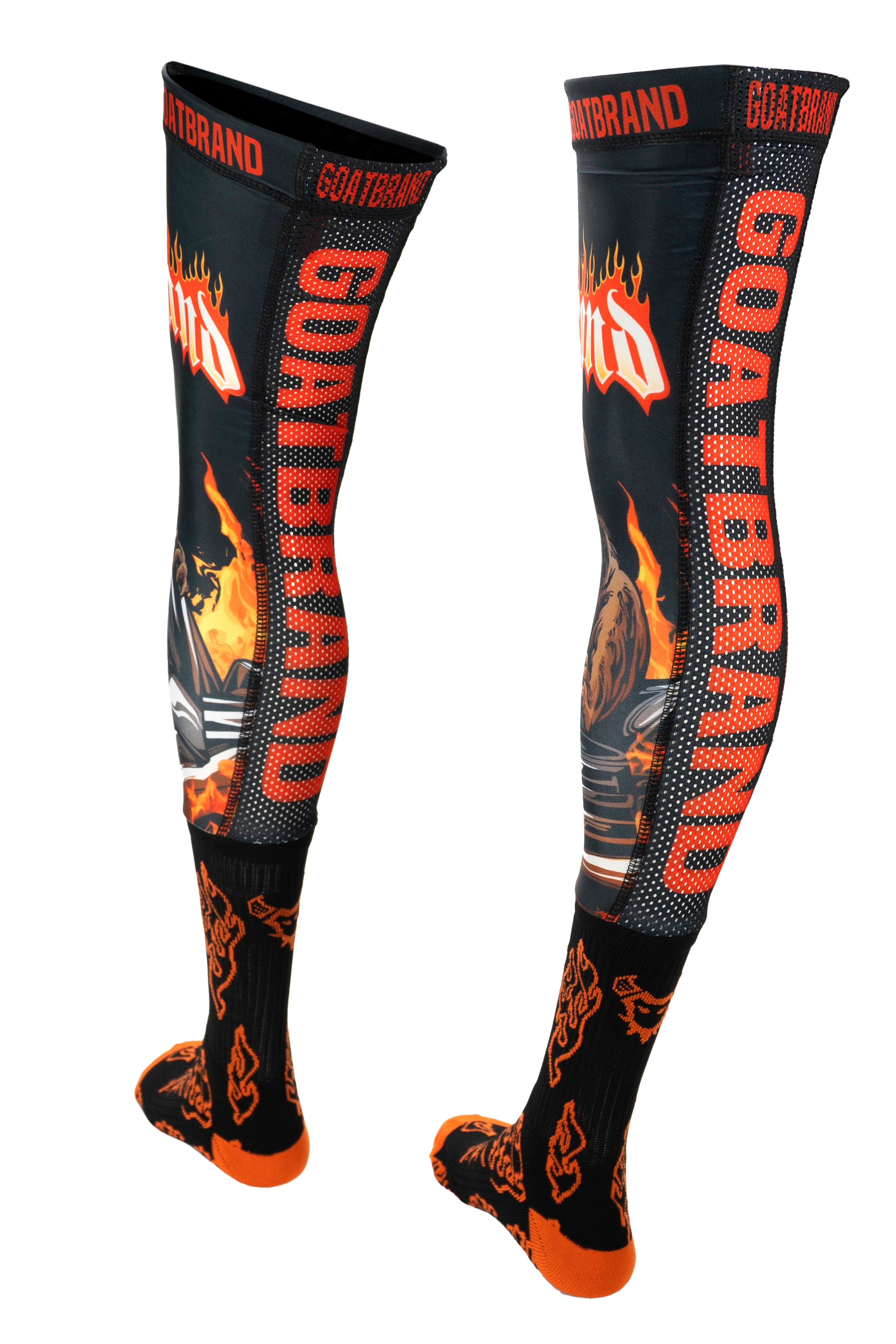 Close-up of Koala Kong Moto Kneebrace Socks with anti-rash compression sleeves and ventilated mesh panels.